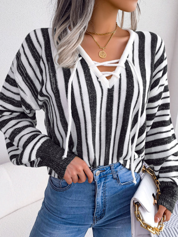 Women's Color Contrast Striped Lantern Sleeve Pullover Sweater