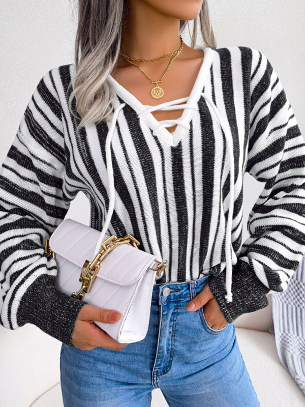 Women's Color Contrast Striped Lantern Sleeve Pullover Sweater Black