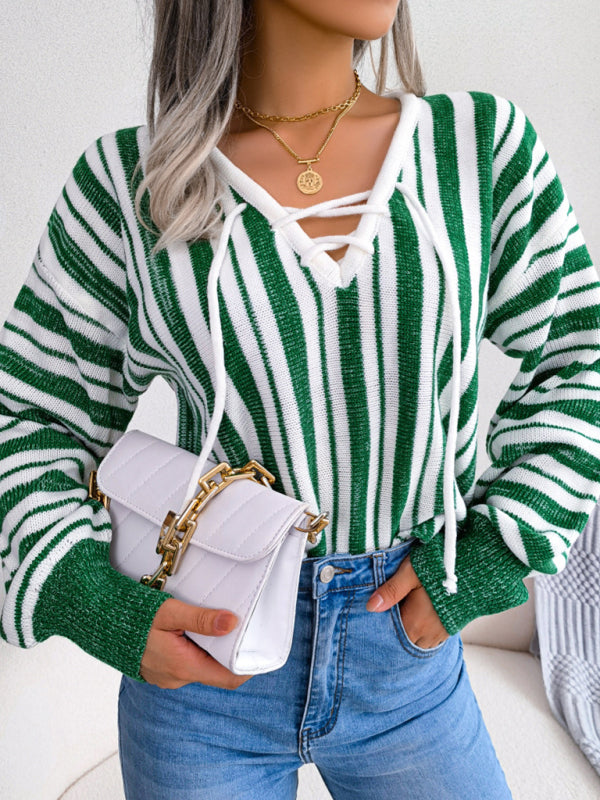 Women's Color Contrast Striped Lantern Sleeve Pullover Sweater Green