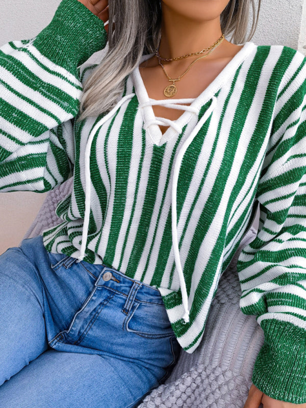 Women's Color Contrast Striped Lantern Sleeve Pullover Sweater