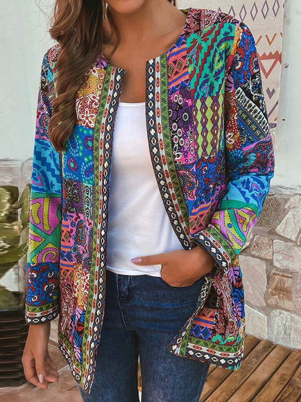 Casual retro cotton and linen printed loose long-sleeved cardigan jacket Blue