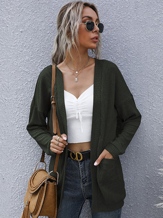 New casual women's basic long-sleeved solid color long sweater cardigan Olive green