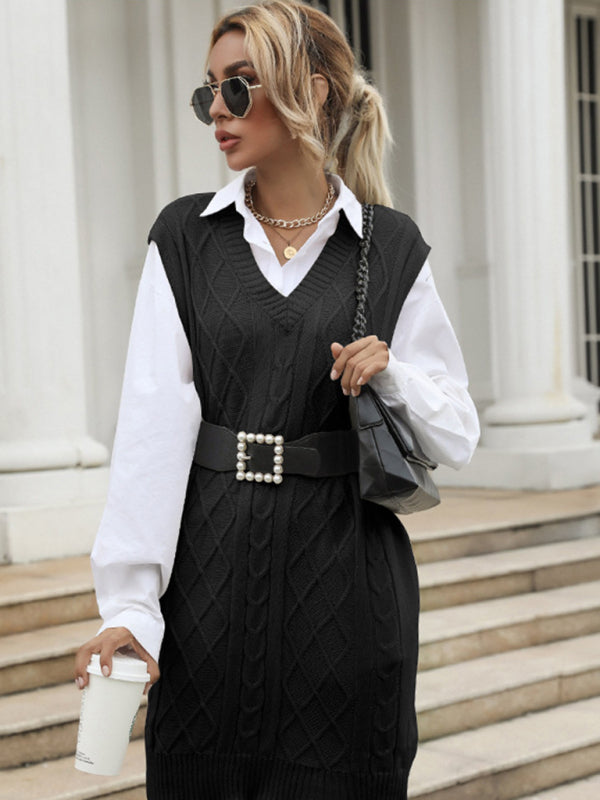 Women's Long Solid Color V-Neck Vest Vest Knitted Sweater Dress Black