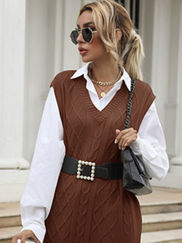 Women's Long Solid Color V-Neck Vest Vest Knitted Sweater Dress Coffee