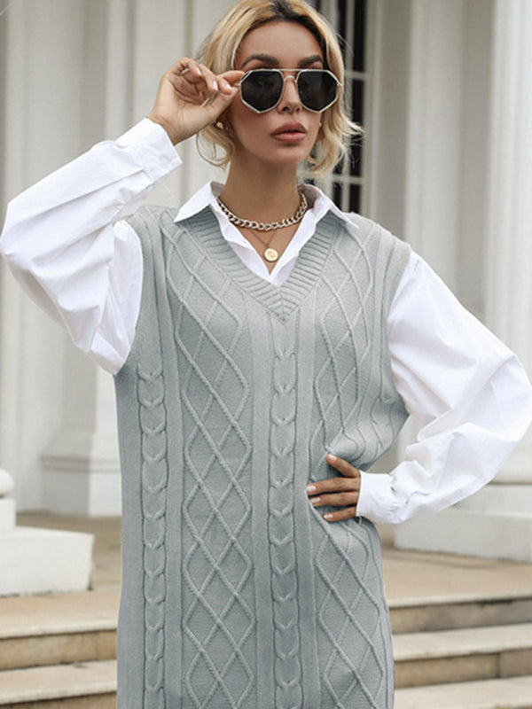 Women's Long Solid Color V-Neck Vest Vest Knitted Sweater Dress Misty grey