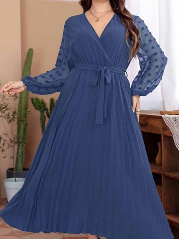 New large size elastic waist jacquard patchwork dress Blue