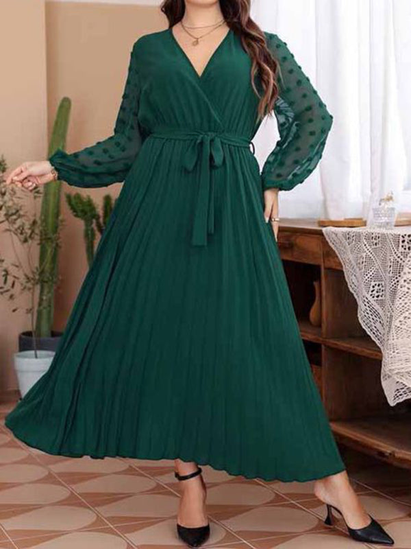 New large size elastic waist jacquard patchwork dress Green