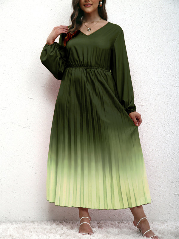 New plus size women's temperament gradient pleated dress Green black jasper