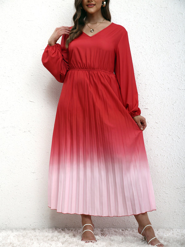 New plus size women's temperament gradient pleated dress Watermelon Red