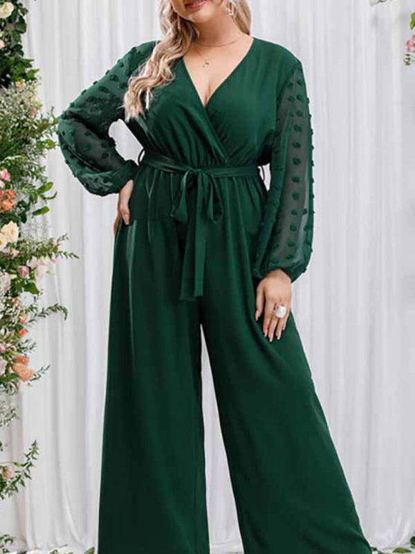 New Plus Size Women's Sexy Bowknot Lady Lace Straight Loose High Waist Solid Color Jumpsuit Green