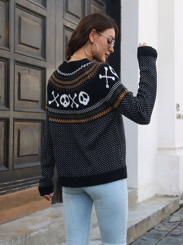 Halloween Skull Polka Dot Long Sleeve Knitted Sweater Women