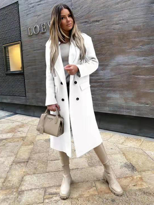 women's long sleeve suit collar double breasted woolen coat coat White