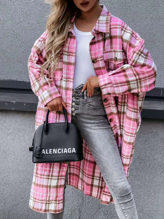 women's casual long plaid shirt jacket Pink