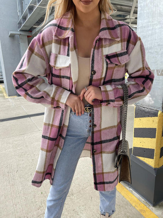 Women's single-breasted plaid long-sleeved shirt jacket Pink