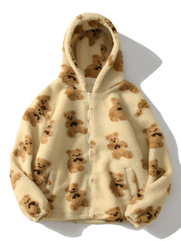 Ladies Hooded Thick Casual Cartoon Pattern Bear Zipper Pocket Plush Sweater Cream