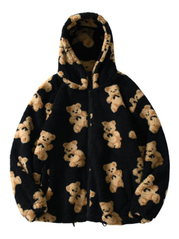 Ladies Hooded Thick Casual Cartoon Pattern Bear Zipper Pocket Plush Sweater Black