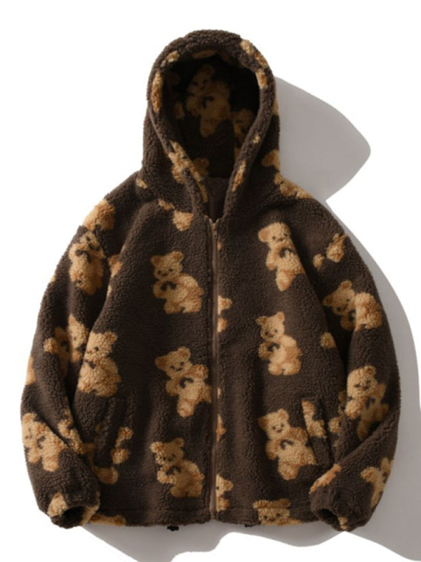 Ladies Hooded Thick Casual Cartoon Pattern Bear Zipper Pocket Plush Sweater Coffee