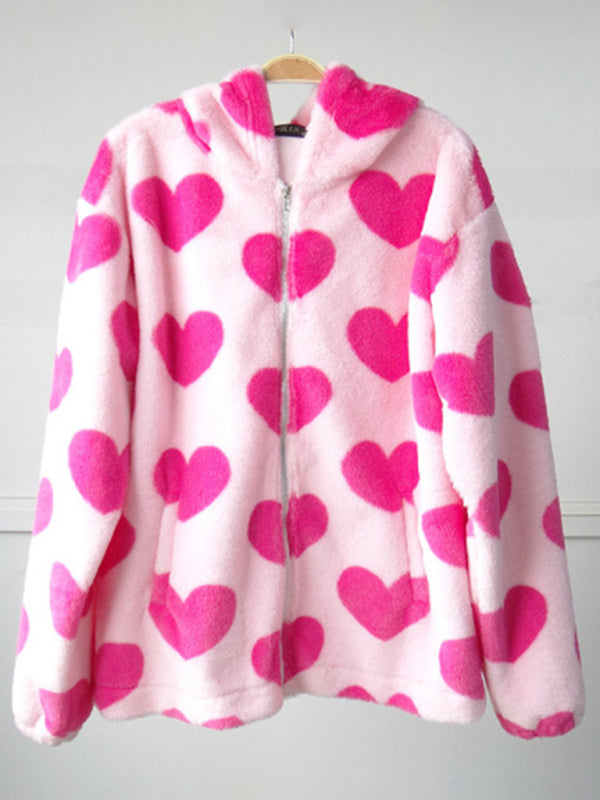 Ladies Hooded Thick Casual Cartoon Pattern Bear Zipper Pocket Plush Sweater Pink