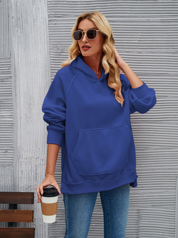 New autumn and winter fashionable hooded long-sleeved side slit sweatshirt Blue