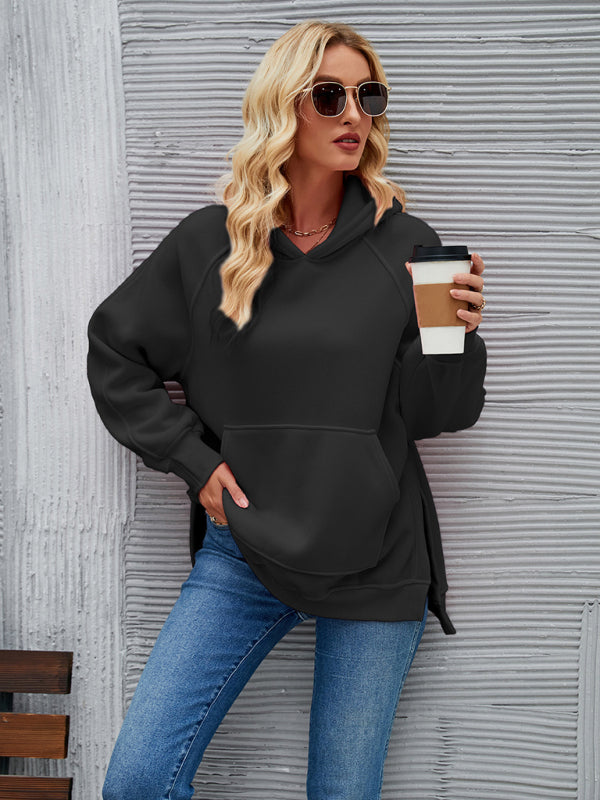 New autumn and winter fashionable hooded long-sleeved side slit sweatshirt Black