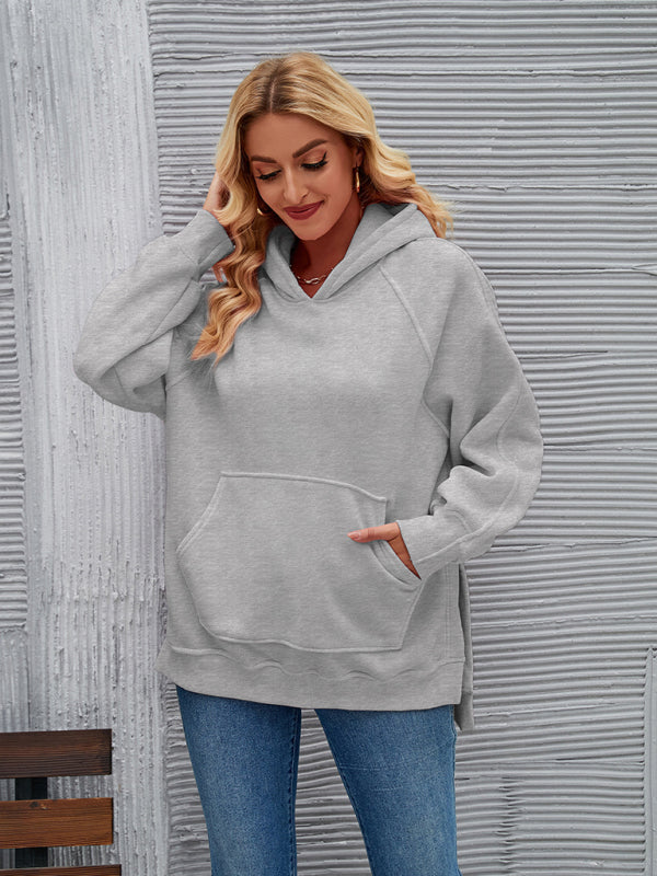 New autumn and winter fashionable hooded long-sleeved side slit sweatshirt Grey