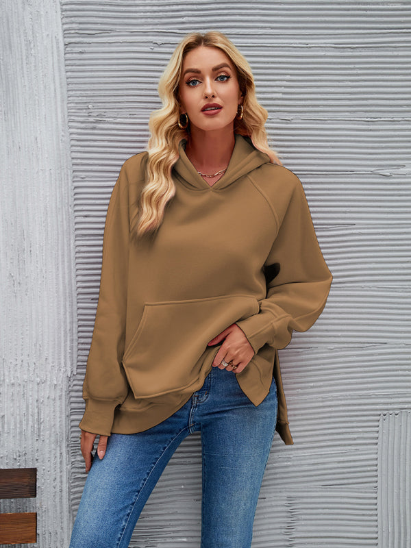 New autumn and winter fashionable hooded long-sleeved side slit sweatshirt Khaki