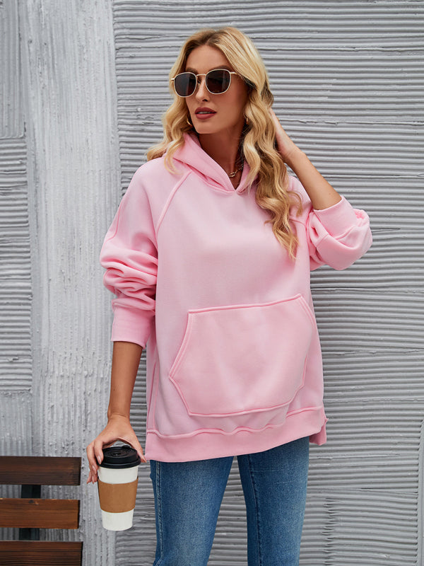 New autumn and winter fashionable hooded long-sleeved side slit sweatshirt Pink