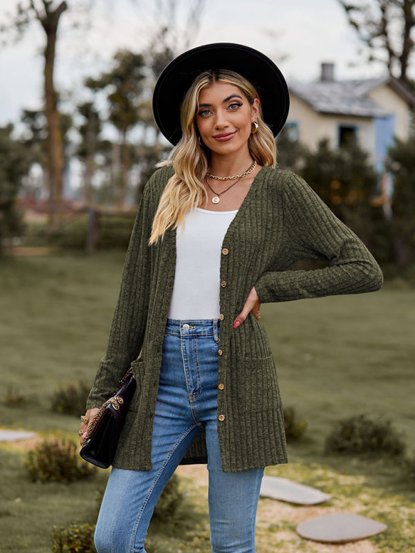 Brushed pitted solid color long-sleeved ladies cardigan