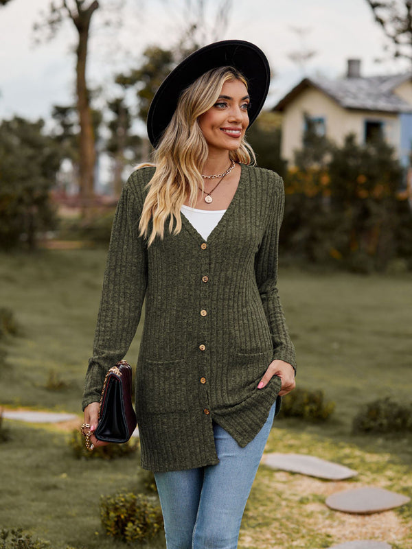 Brushed pitted solid color long-sleeved ladies cardigan Olive green