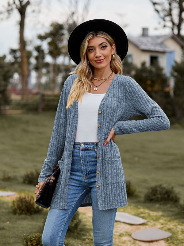 Brushed pitted solid color long-sleeved ladies cardigan Blue