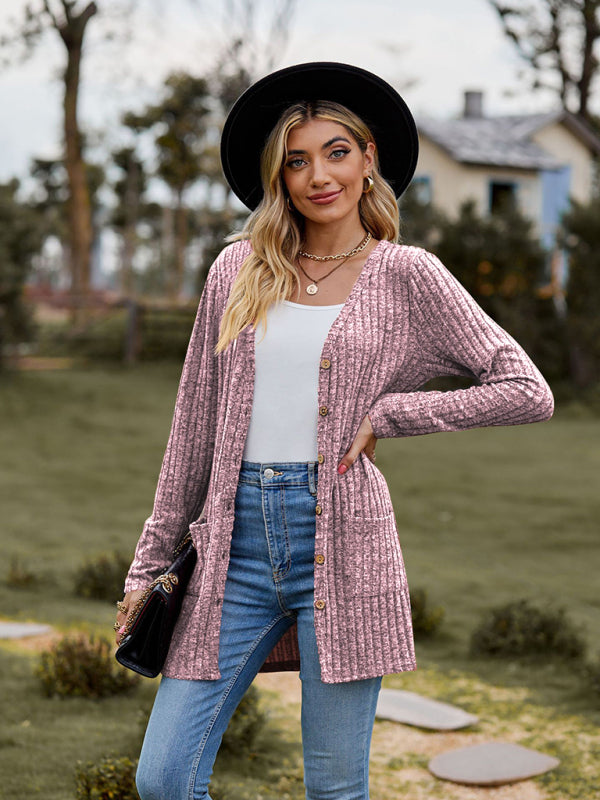 Brushed pitted solid color long-sleeved ladies cardigan