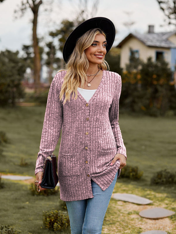 Brushed pitted solid color long-sleeved ladies cardigan