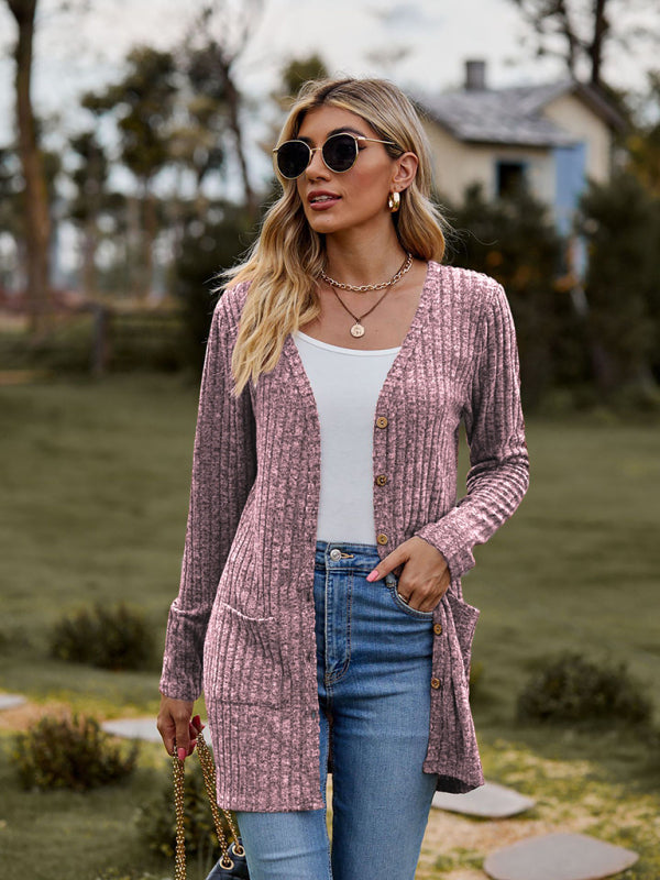 Brushed pitted solid color long-sleeved ladies cardigan