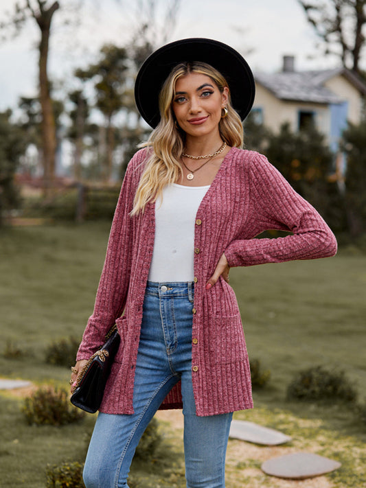 Brushed pitted solid color long-sleeved ladies cardigan Wine Red