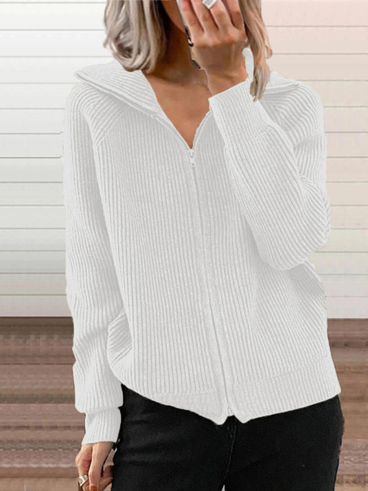 Women's loose knitted zipper long sleeve lapel cardigan White