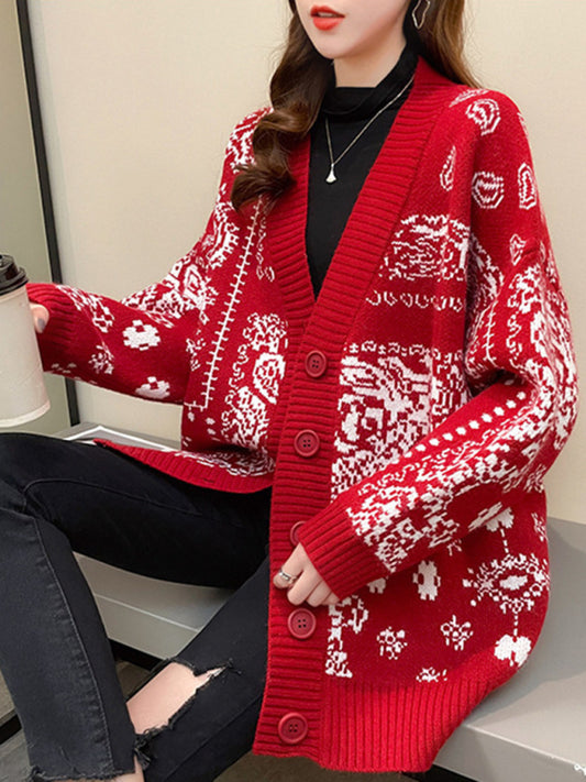 Christmas deer head snowflake jacquard pullover knitted cardigan Red F