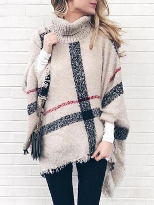 Mid-length high collar tassel cape loose knitted sweater Cream F
