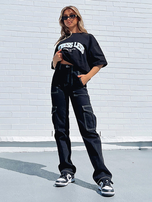 Women's fashionable patchwork straight multi-pocket overalls Black