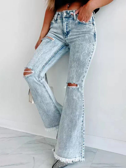 Women's Ripped Jeans Micro-Boom Washed High Waist Pants Blue