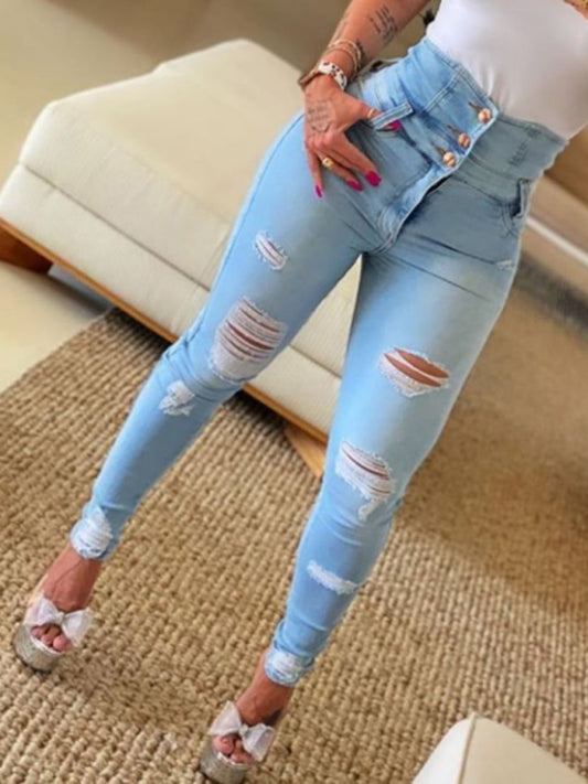 women's high waist ripped jeans pencil pants Blue