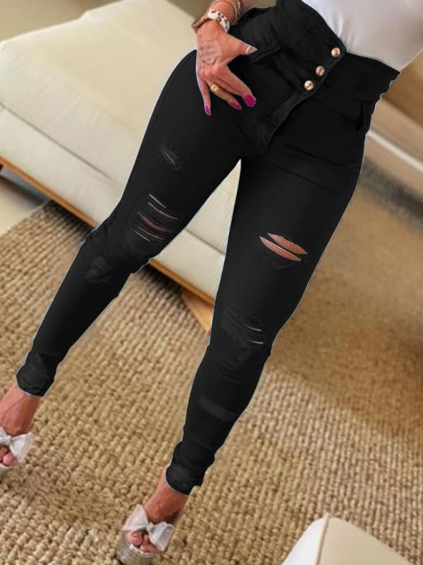 women's high waist ripped jeans pencil pants Black