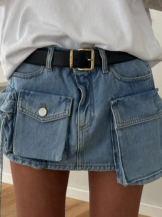 Women's Irregular Big Pocket High Waist Zipper Denim Skirt Blue