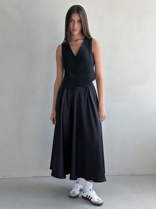 Elegant high-waisted satin satin long skirt Black