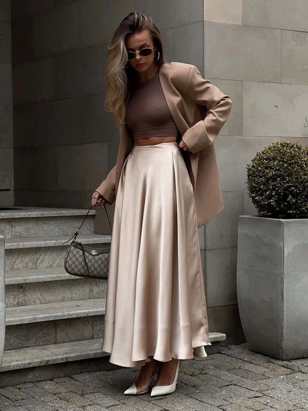 Elegant high-waisted satin satin long skirt Khaki