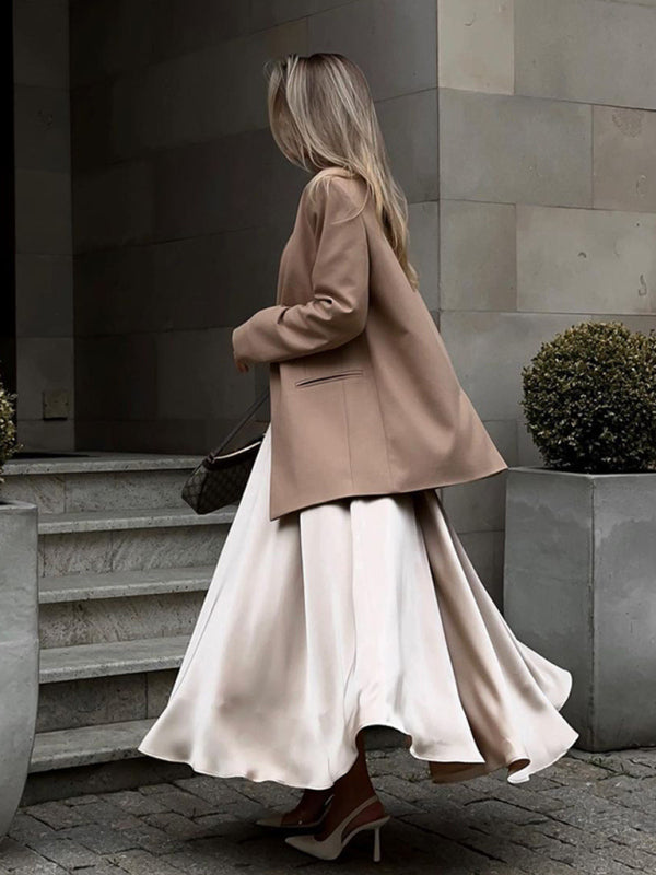 Elegant high-waisted satin satin long skirt