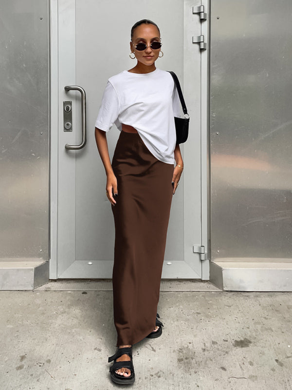 Elegant high-waisted satin satin long skirt Brown