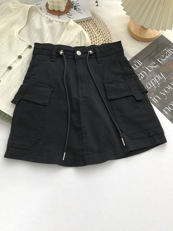 Women's drawstring high waist denim hip-covering skirt Black