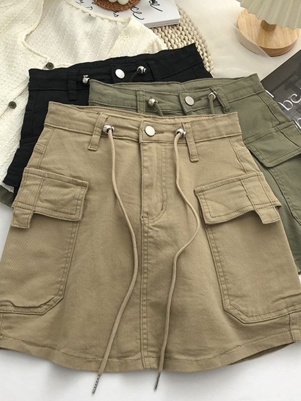 Women's drawstring high waist denim hip-covering skirt Khaki