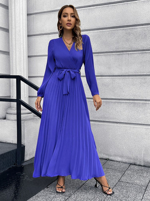 V-neck long-sleeved pleated A-line midi dress Blue