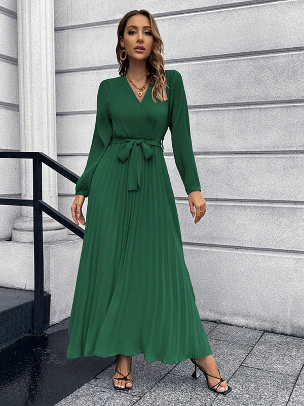 V-neck long-sleeved pleated A-line midi dress Green